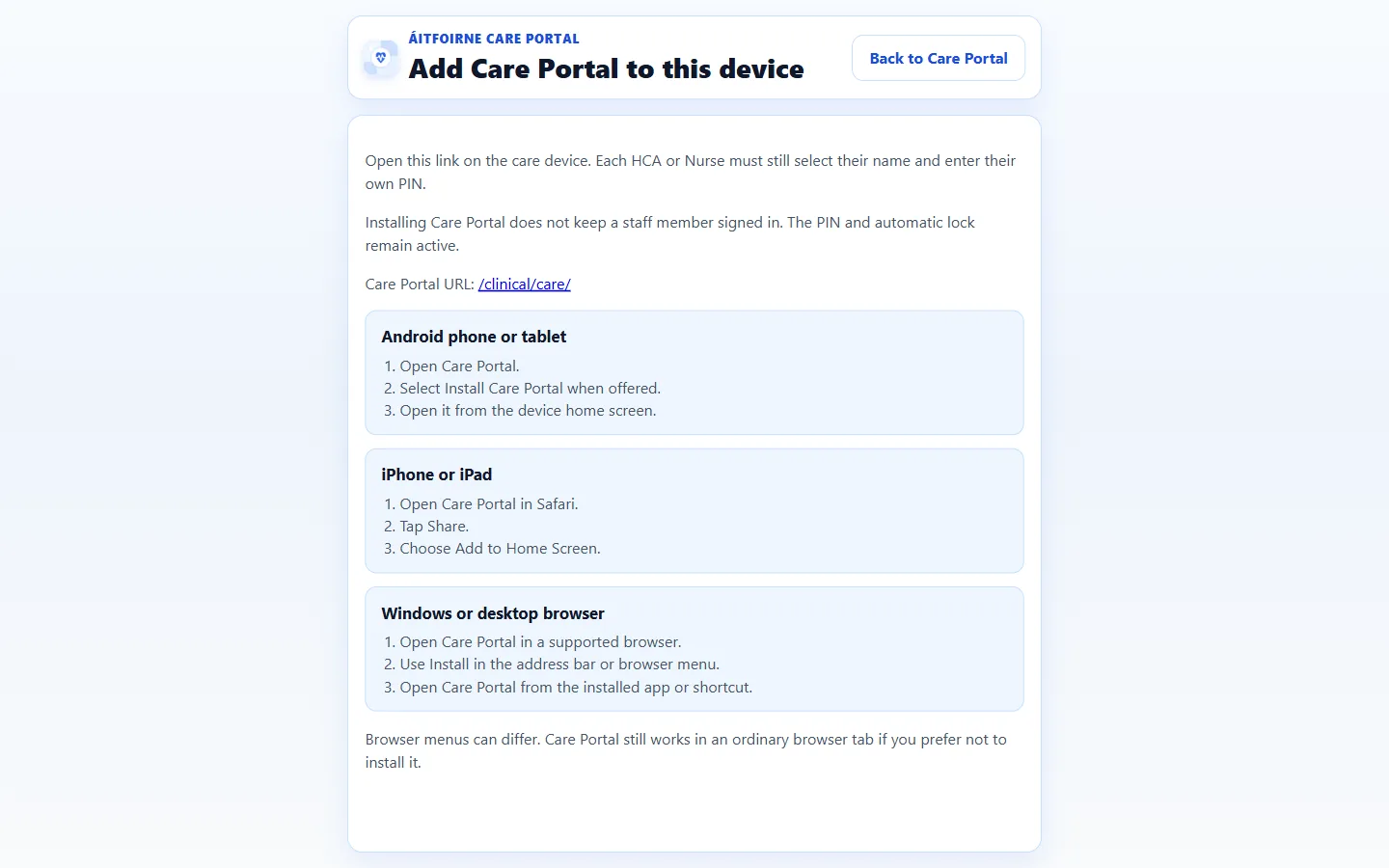 Care Portal install help explaining how to add a shortcut on Android, iPhone or a desktop browser without an app store