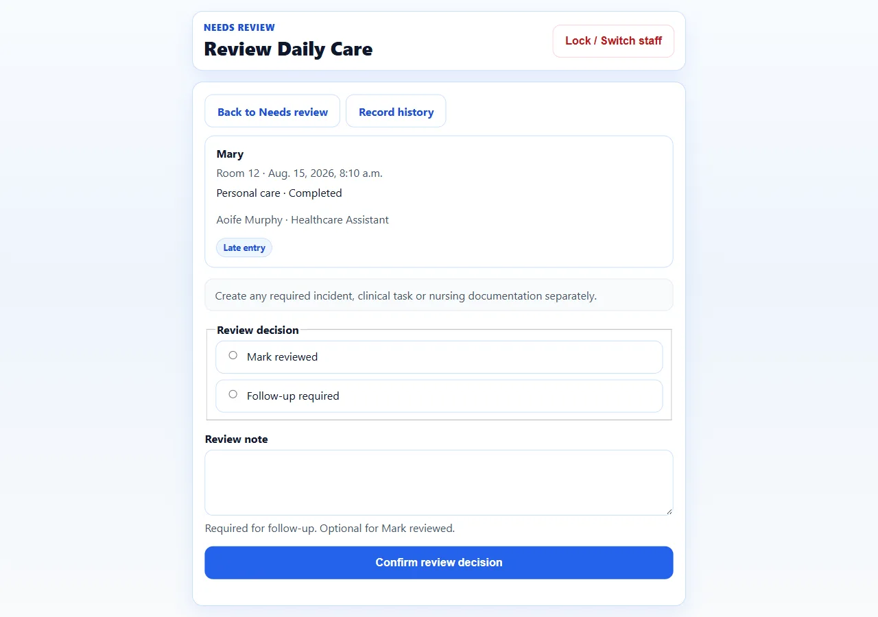 Care Portal Nurse review screen for Mary’s personal care entry recorded by Aoife Murphy, with Mark reviewed and Follow-up required choices