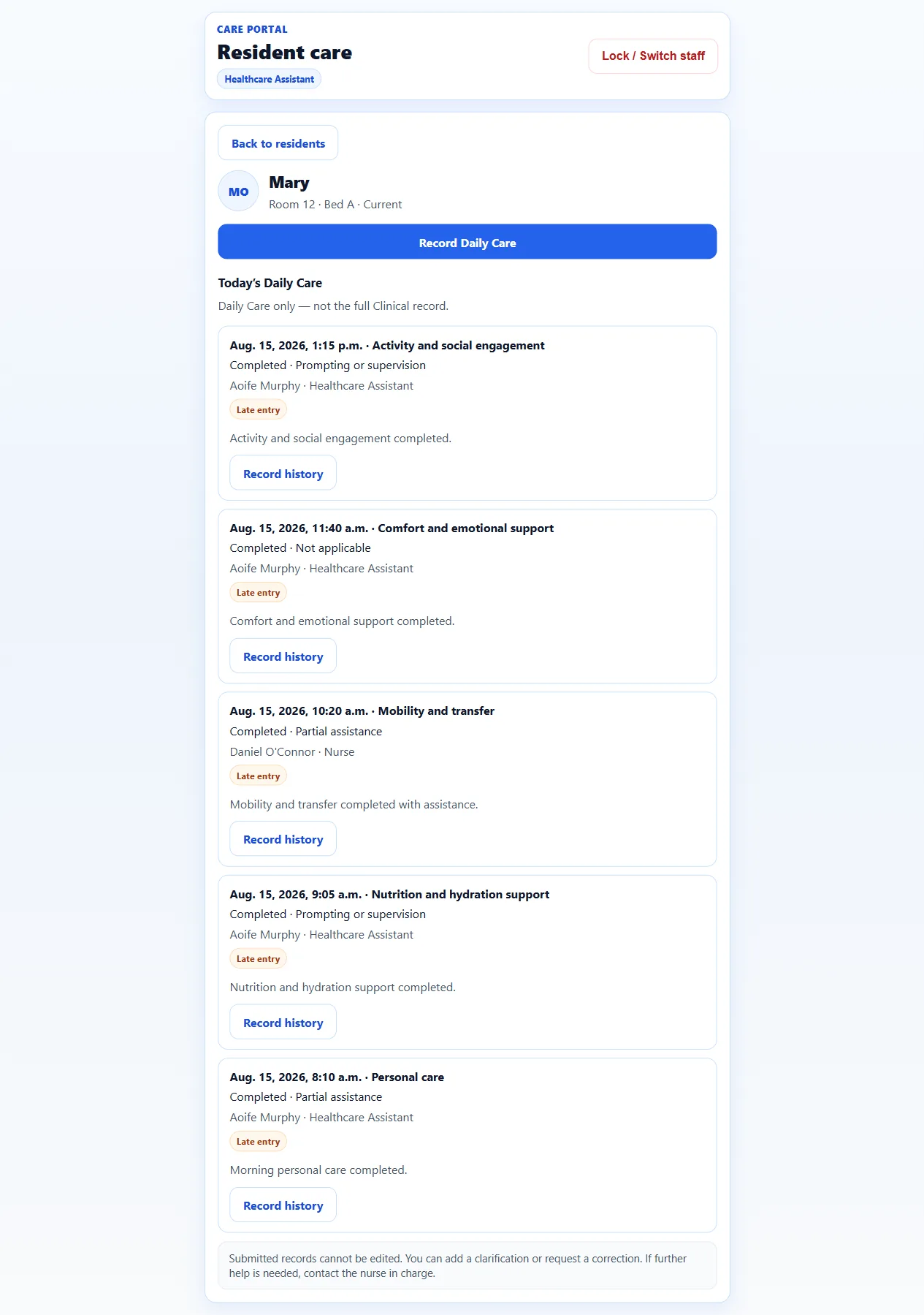 Care Portal resident page for fictional resident Mary in Room 12, showing submitted Daily Care entries by Aoife Murphy and Daniel O’Connor