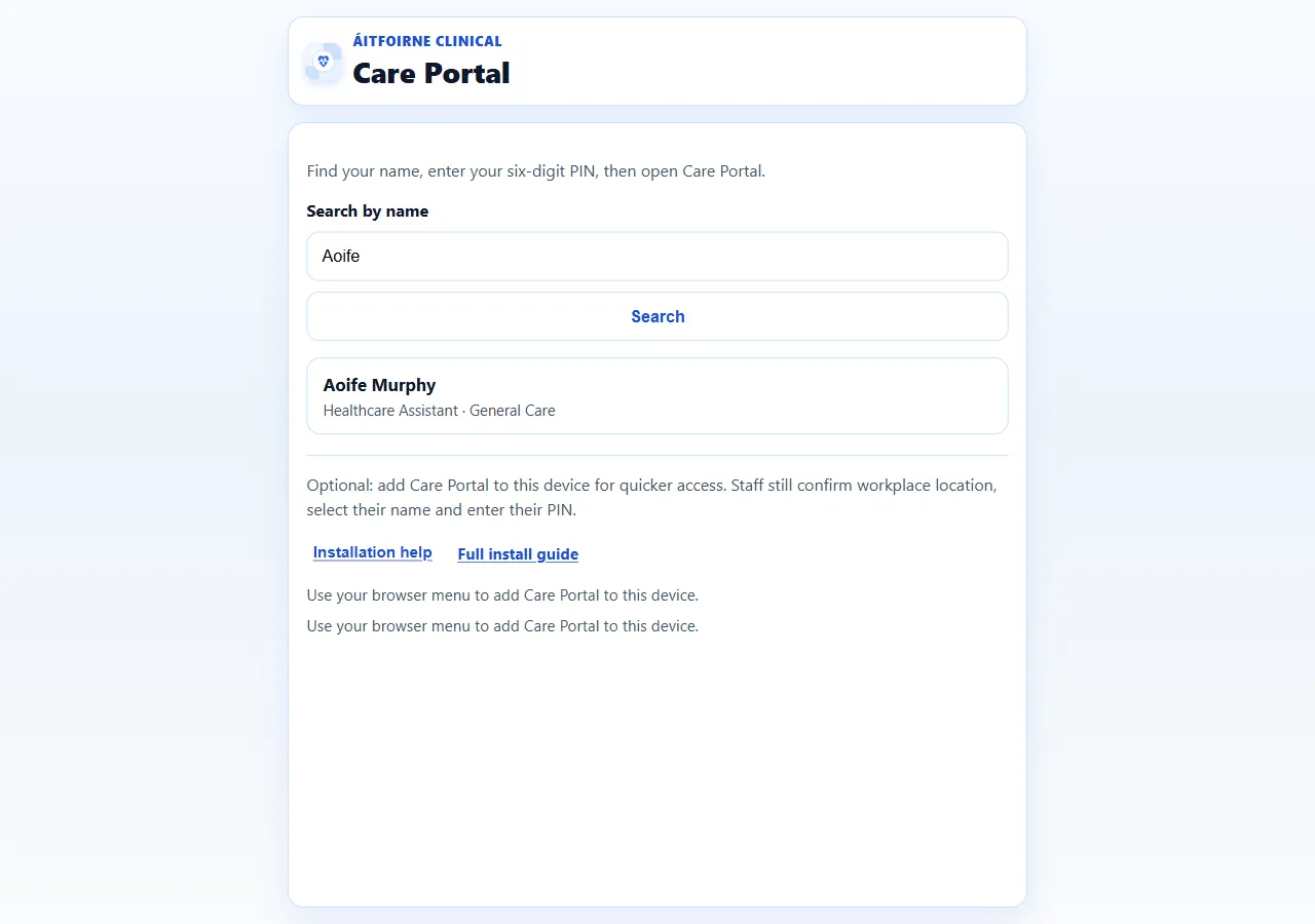 Care Portal staff selection showing fictional Healthcare Assistant Aoife Murphy after a name search