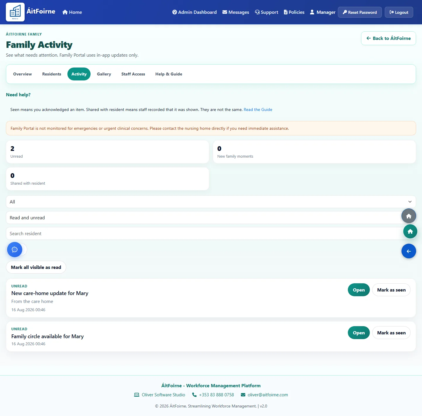 Family Activity inbox listing a new care-home update and Family circle availability for Mary