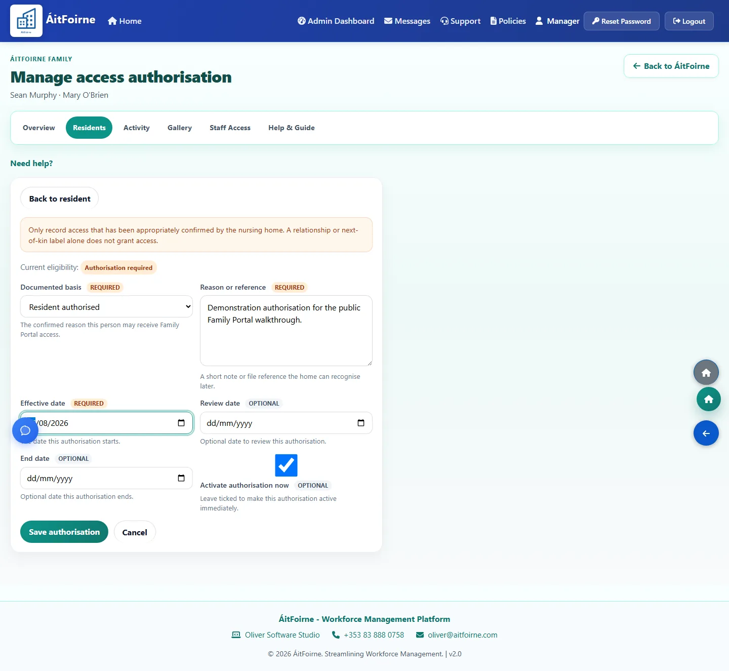 Family authorisation form for Sean Murphy and Mary O’Brien, with documented basis and activate now selected