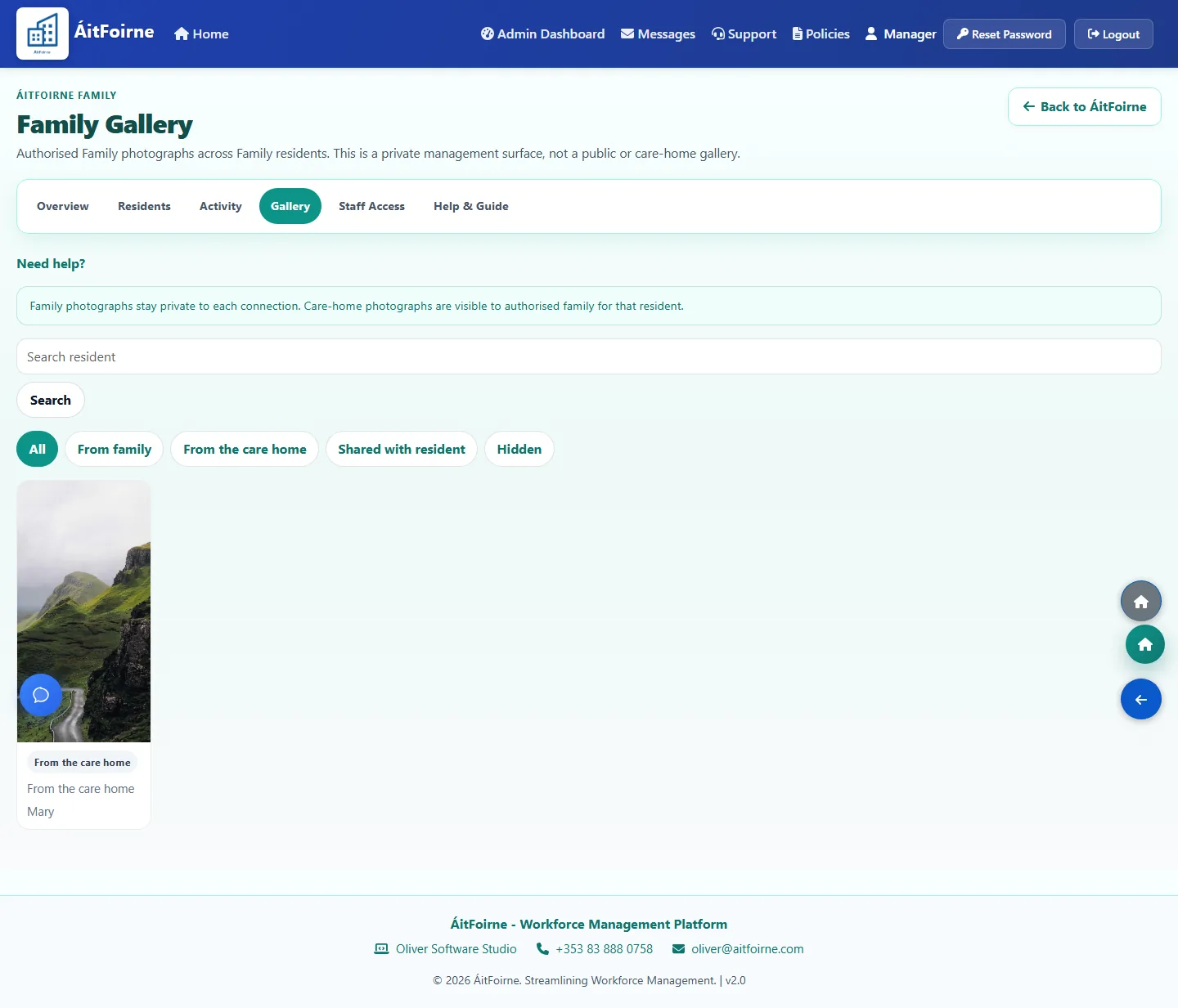 Family Gallery for Mary showing one care-home photograph of a mountain road and garden landscape