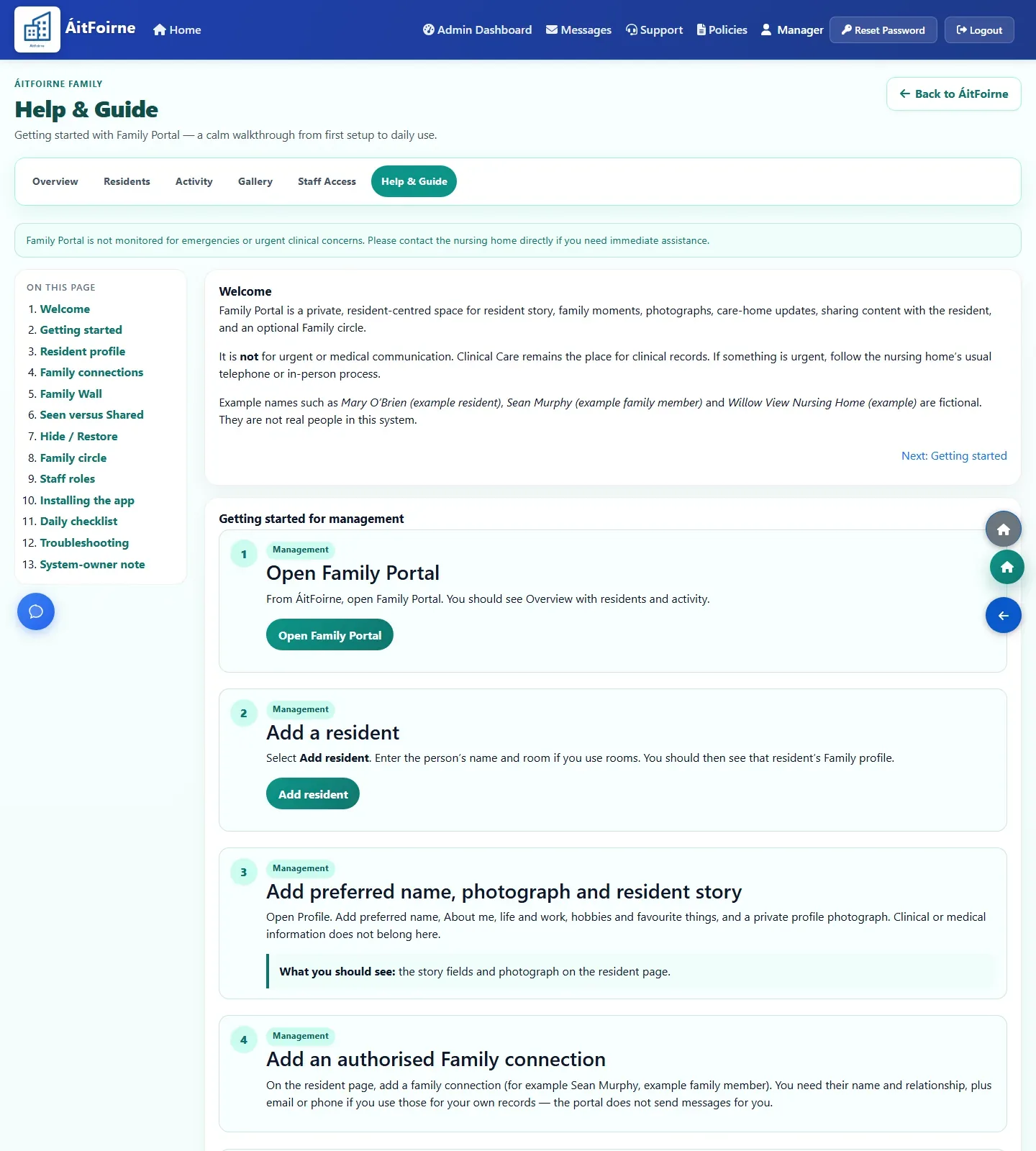 In-app Family Help and Guide with getting-started steps for opening Family Portal, adding a resident and issuing a PIN