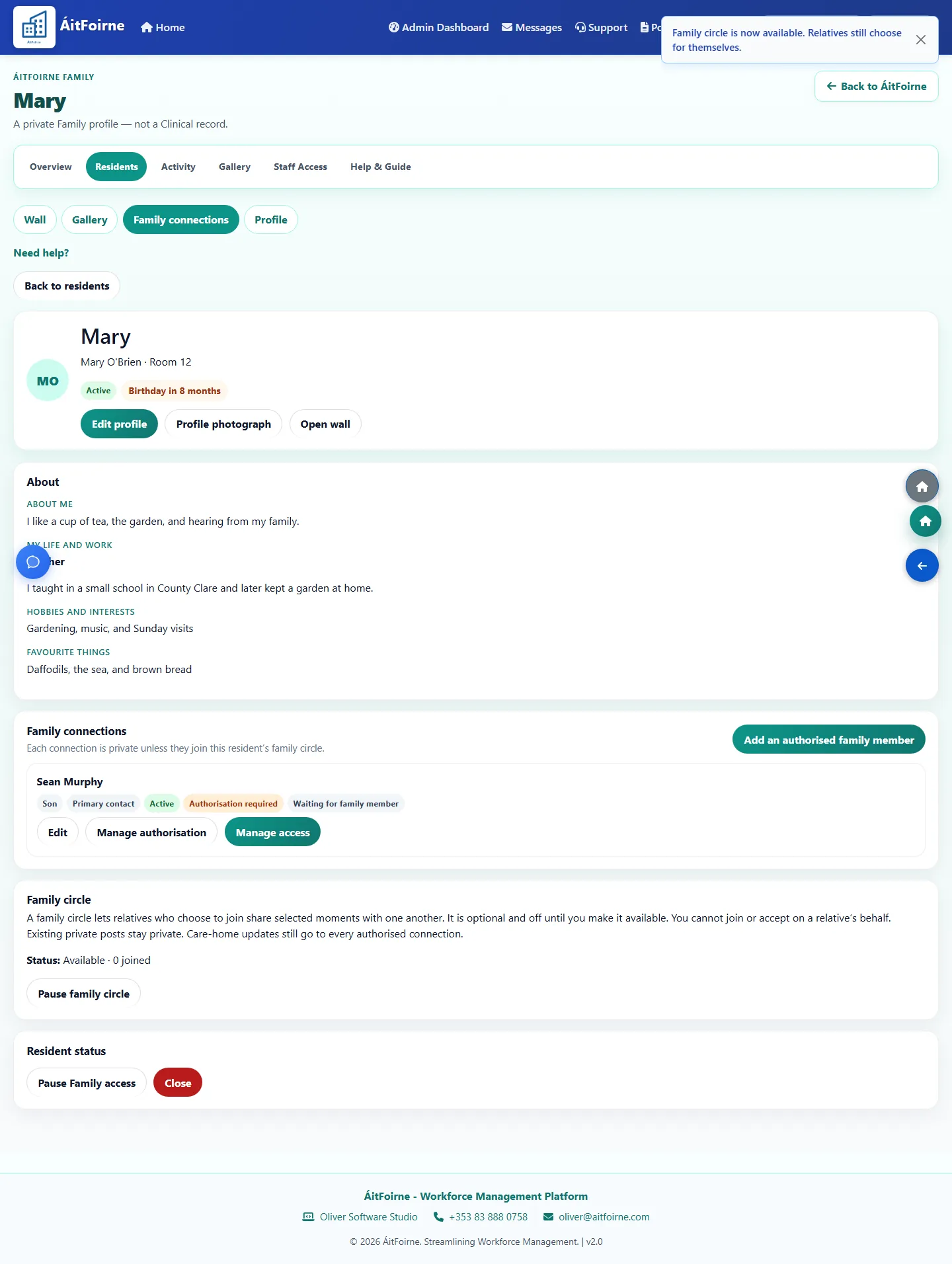 Family profile for Mary O’Brien with About me, life story, hobbies and favourite things, and Family circle controls