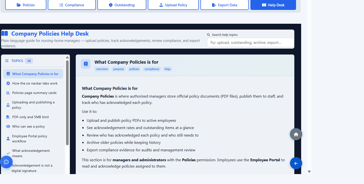 Company Policies Help Desk inside ÁitFoirne with topics for publishing policies and staff acknowledgement
