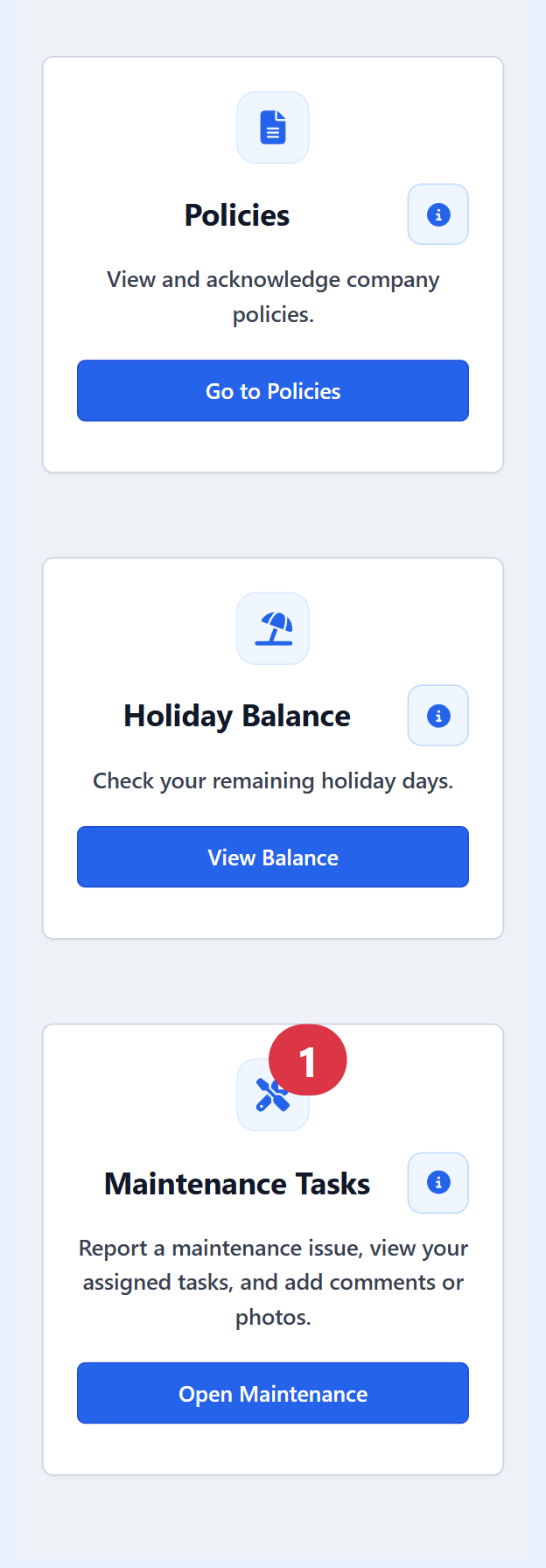 Employee Portal showing breaks, policies, holiday balance and maintenance tasks