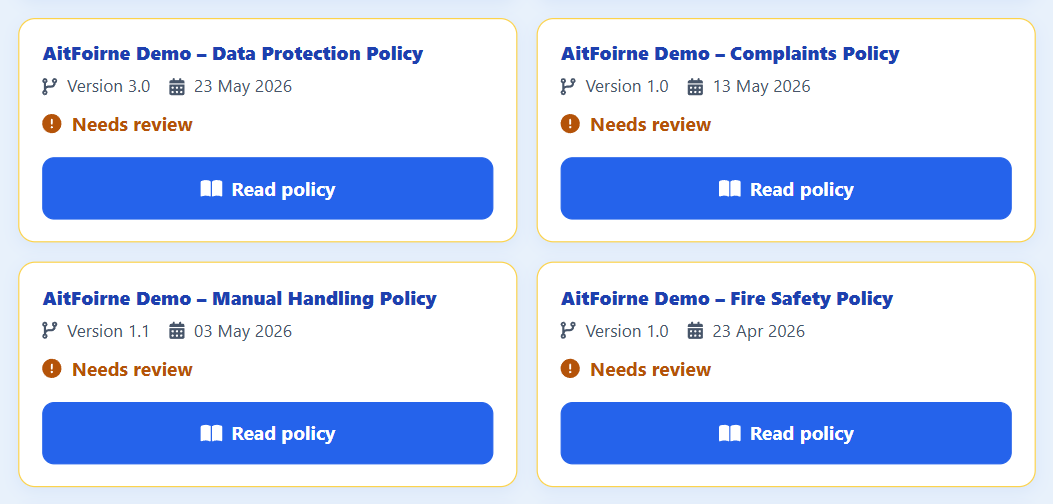 Company policies list with versions and publication dates for policies such as data protection, manual handling, fire safety and complaints